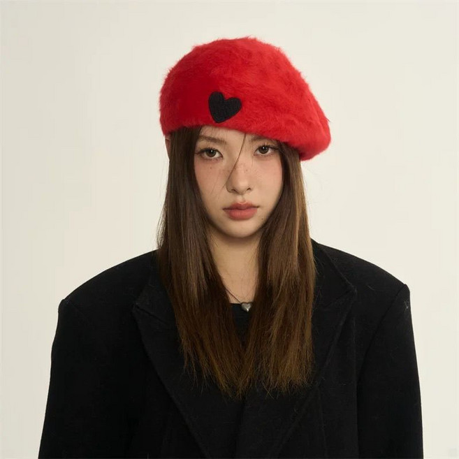 日韓ins風愛心刺繡兔毛貝雷帽 女 冬季畫家帽