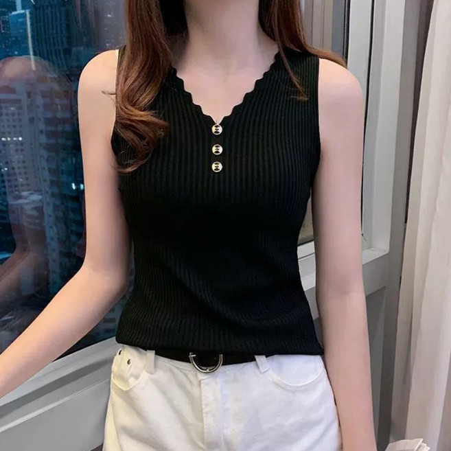 TINY 버튼 민소매 니트 골지 브이넥 슬리브리스 7컬러