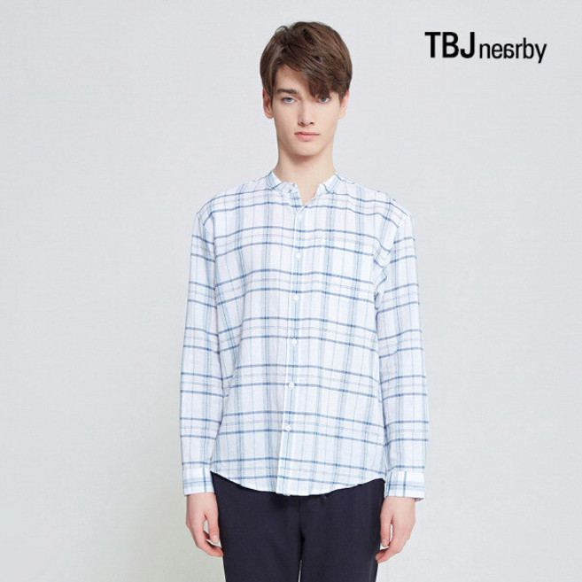 TBJ 남성 코튼린넨 루즈핏 밴드카라 체크 셔츠(T202SH110P)