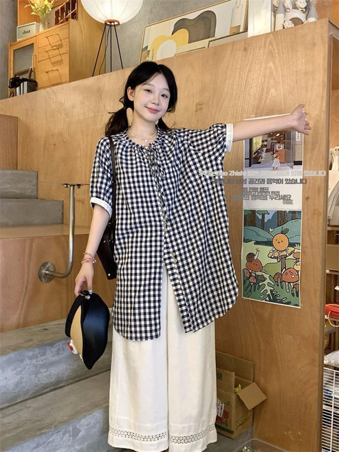 YSMALL 고방 중년여성 마담 셔츠 엄마옷 고양이 여름 면 자수 50대