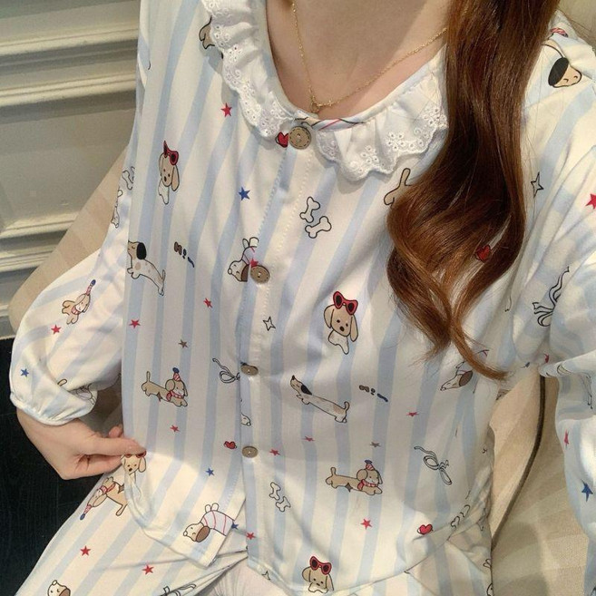 可愛印花開衫睡衣套裝，含胸墊，適合春秋季居家服