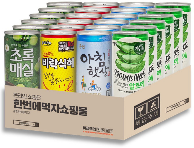 [한번에먹자] 175-180ml 미니캔 과즙음료 혼합세트 / 자연은 알로에 + 초록매실 + 아침햇살 + 비락식혜 / 각6개씩 총24캔, 175ml