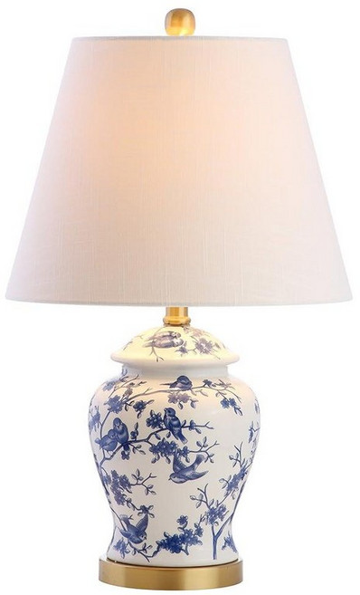 JONATHAN Y JYL3005A 55.9cm(22인치) 블루/화이트 세라믹 테이블 램프 프렌치 컨트리 시누아즈리 진저 병 LED 침대 옆 거실 침실용 화이트 리넨 쉐이드, 1개 세트