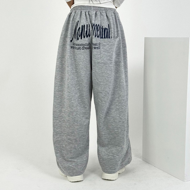 바이일이오 여성 일반 기모 힙 레터링 포켓 와이드 사이드 핀턱 트레이닝 롱 팬츠