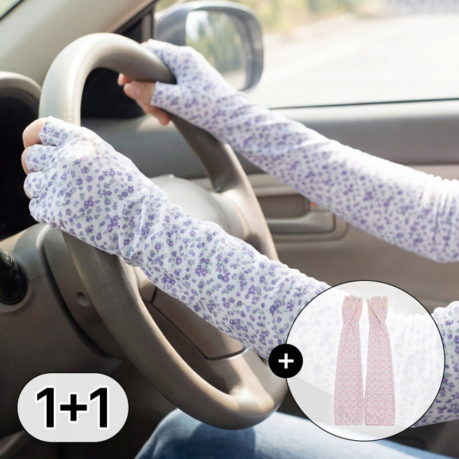 라뷰드 파스텔 꽃무늬 냉감 쿨토시 반장갑 여성 봄여름 얇은 편안한 팔토시 고무 밴딩 가벼운 햇빛 가리개 골프 등산 자전거 캠핑 시원한 양손 덮개, 2개, 핑크+퍼플