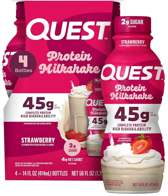 퀘스트 뉴트리션 딸기 단백질 쉐이크 45g 단백질 2g 설탕 4g 순 탄수화물 바로 마실 수 있음 글루텐 프리 4개 카운트, 14 Fl Oz (Pack of 4), 퀘스트뉴트리션 딸기, 414ml - 쿠팡