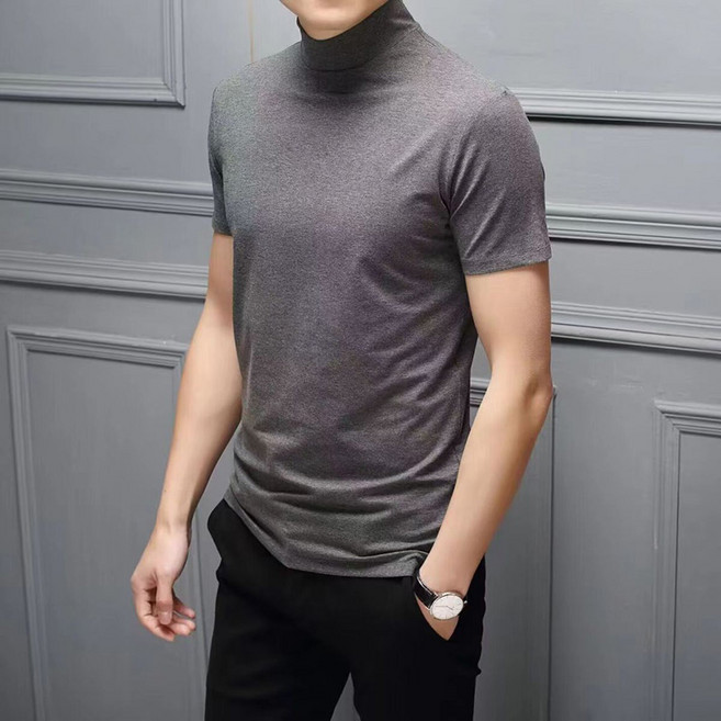 남성용 반폴라 반팔티 봄 여름 캐주얼 코디 이너 심플 얇은 쫄티 솔리드 데일리 머슬핏 티셔츠 WMY