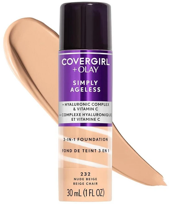 COVERGIRL+올레이 심플리 에이지리스 3-in-1 리퀴드 파운데이션 미디엄 베이지 30ml, 1, 232 Nude Beige (Pack of 1) - 쿠팡