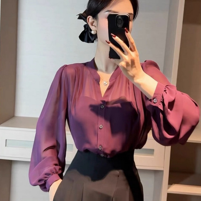 jieve 여성 봄 가을 긴팔 브이넥 시폰 블라우스 우아한 간절기 SW120581