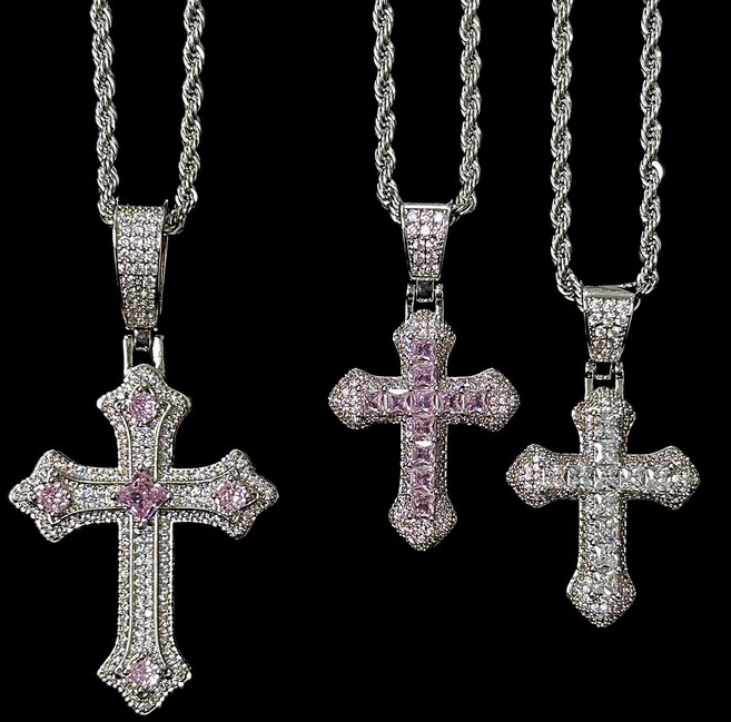 1101 고퀄리티 크리스탈 큐빅 빈티지 바로크 십자가 팬던트 목걸이 - 3종 (써지컬스틸)