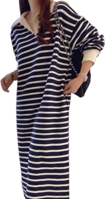 Makone 여성 가을 겨울 스트라이프 루즈핏 셔츠넥 맨투맨 롱 원피스