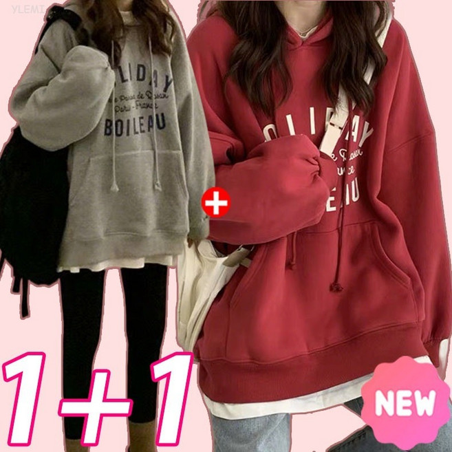 YLEMI 1+1 가을 여성 패션 후드티 레터링 캐릭터 이너 오버핏 풀오버 홀리데이 캐주얼 2P