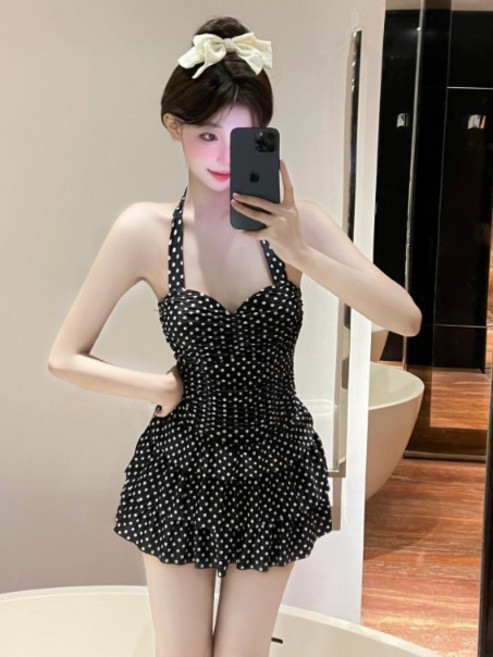 泳衣女款連體復古波點裙式保守顯瘦遮肚溫泉泳裝