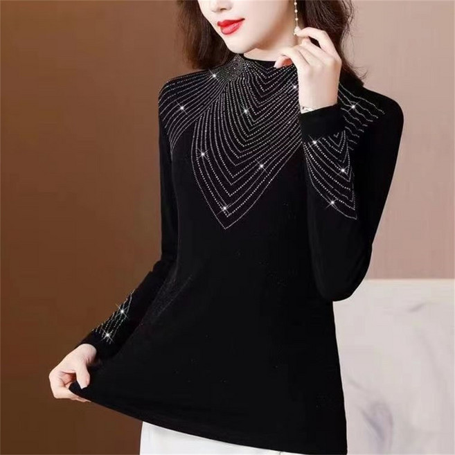 besteffie 여성 긴팔 기모 티셔츠 데일리 블링블링 반짝이 포인트 빅사이즈