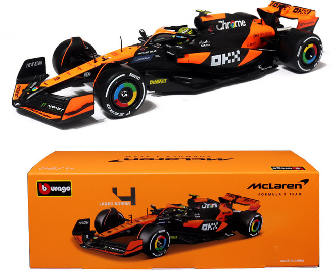 브라고 1:24 맥라렌 MCL38 2024 4번 F1 레이싱카 다이캐스트 모형차, 1개