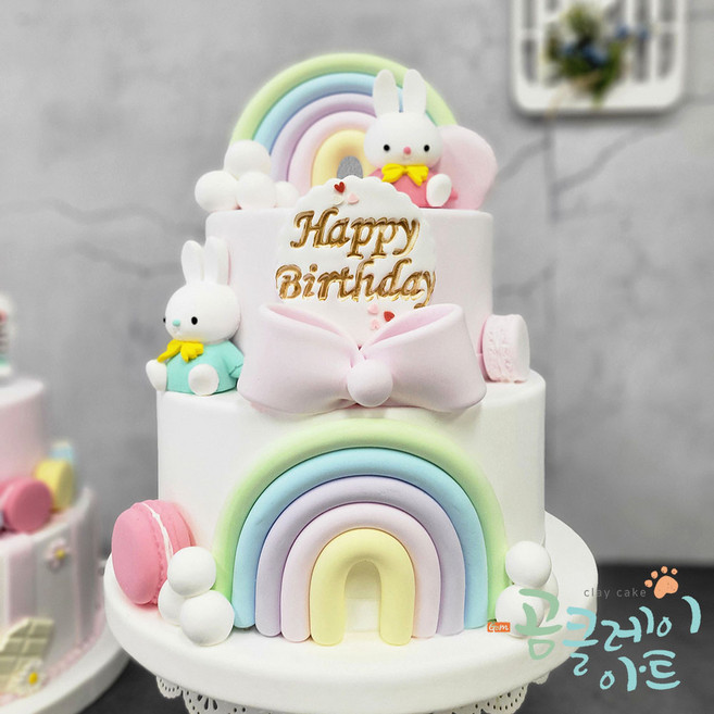 곰클레이아트 모형케이크 2단 클레이케익 유치원어린이집생일잔치 100일상 돌상 파티소품 핑크 미피 무지개 모형케익(28cm*21cm) no.731, 1개