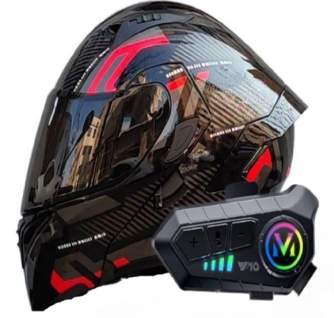 NQBike 블루투스헬멧 플페이스 바이크 빅사이즈 실드컬러, 블랙실드, M, 블랙레드