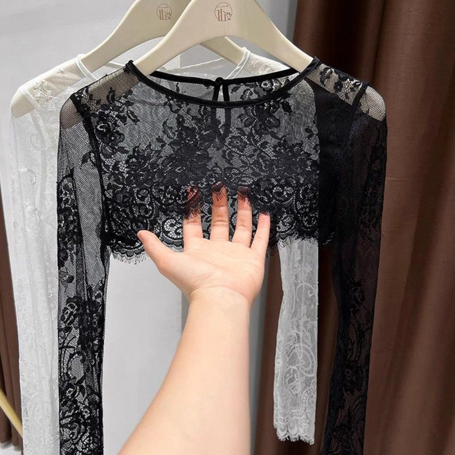 ROYALBELLE 여성 레이스 라운드넥 긴팔 숄 얇은 망사 시스루 자외선 차단 케이프 V043016