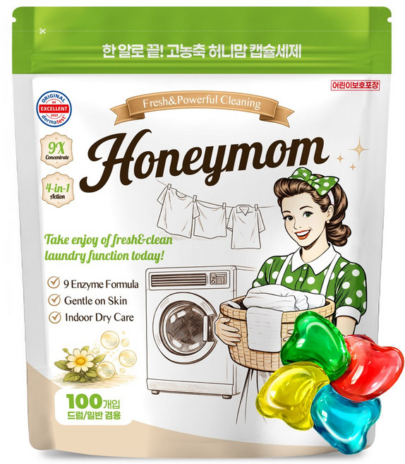 허니맘 캡슐세제 일반용량 2배 16g x 100개 세탁세제 일반용 드럼용 양재동꽃시장향, 1개, 100개입