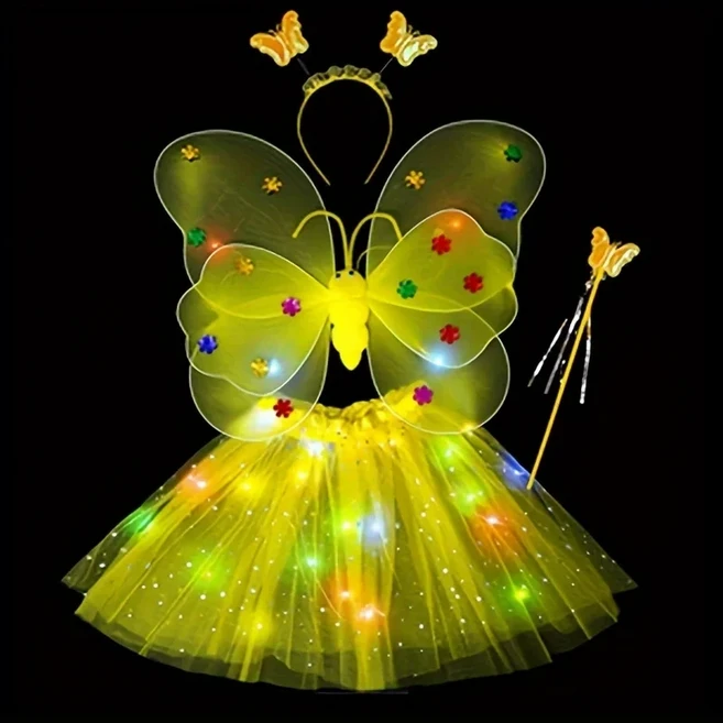Led 깜박이는 빛 요정 나비 날개 지팡이 머리띠 의상 장난감 반짝 라이트 업 세트 코스프레 생일 파티, 06 Yellow