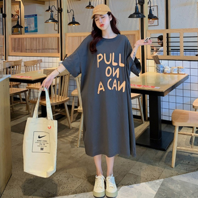 마쿠쿠 박시핏 프린팅 나염 면 여성 반팔 롱 티셔츠 원피스 반팔티