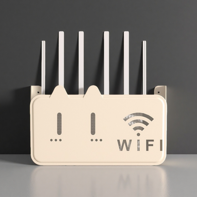 APOIO 무타공 공유기 정리함 고양이 디자인 와이파이 셋톱박스 선정리 벽걸이 거치대, 베이지, 1개