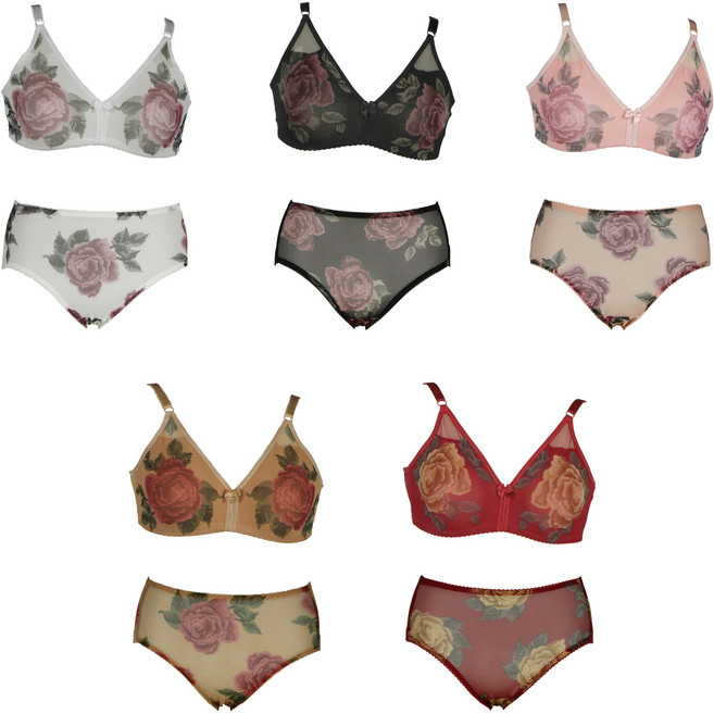 명진언더웨어 플라워 나염 망사 파워네트 노와이어 브라 팬티 세트
