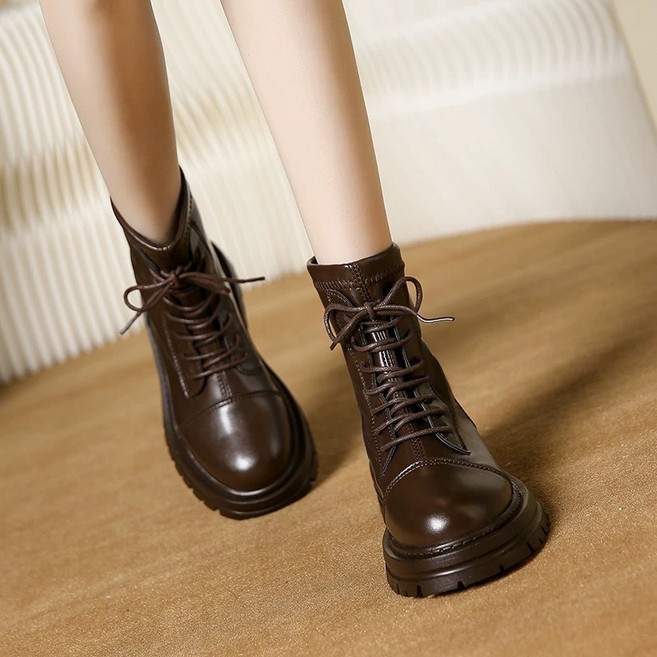 女款綁帶厚底軍靴 時尚中筒靴 百搭休閒靴款