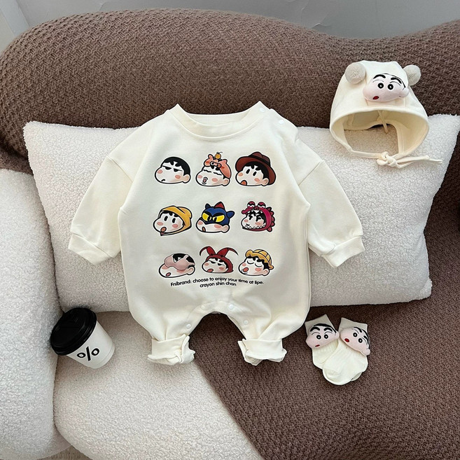베이비 봄 가을 긴팔 짱구 우주복 맨투맨 티셔츠 바디슈트 모자 양말 세트 외출복 등원룩 백일 6개월 돌 아기옷 출산선물