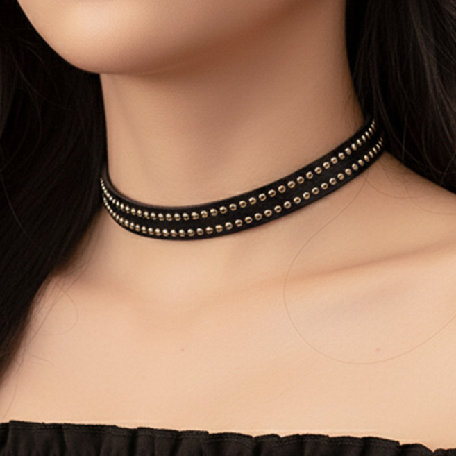 티큐 행사 공연 무대 블랙 레더 스터드 초커 목걸이 A2459