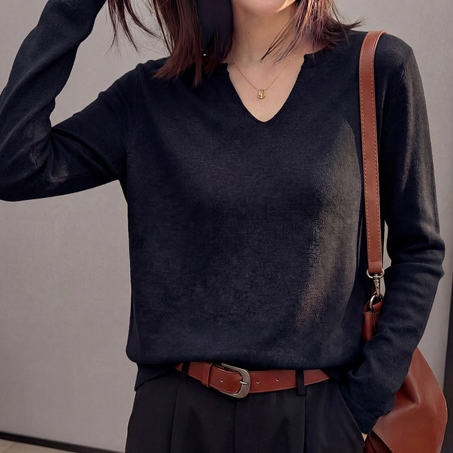 SOSISI 울 혼방 여성 니트 브이넥 얇은 니트 이너 티셔츠 탑 풀오버 45415