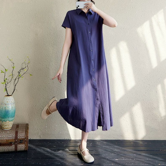 여성 면 마 원피스 봄 여름 루즈핏 데일리 롱 치마 여자 캐주얼 슬림핏 터틀넥 린넨 반팔 원피스 WMY