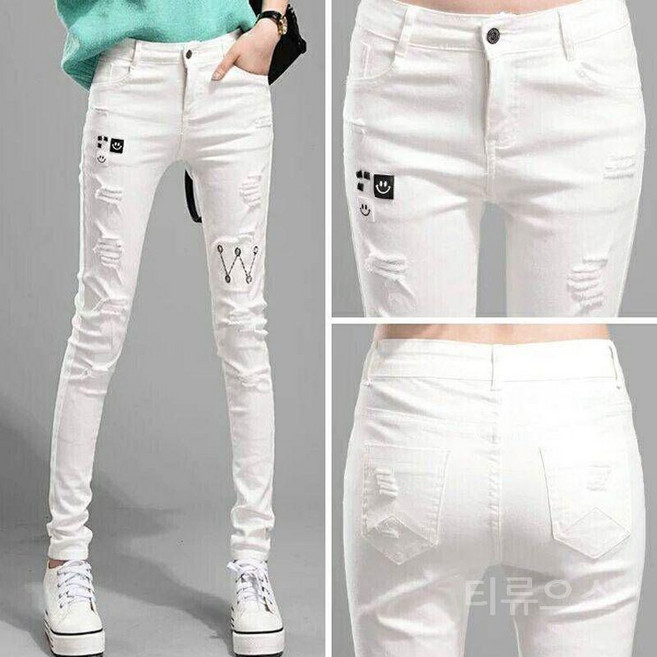 티류으스 여성 사계절 블랙 데님 청바지 화이트 9부 데미지 스판 슬림 스키니 팬츠