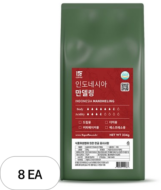 일킬로커피 싱글오리진 인도네시아 만델링 원두, 334g, 8개, 홀빈(분쇄안함)