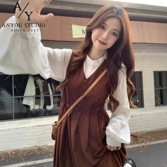 ANYOU 패션 롱 여성원피스 코듀로이 슬림핏 학원풍 데일리룩 셔츠원피스 여성용 휴양지원피스 브이넥 브라운컬러 롱원피스