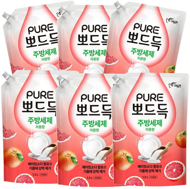 피죤퓨어 뽀드득 주방세제 자몽향, 6개, 1.2L