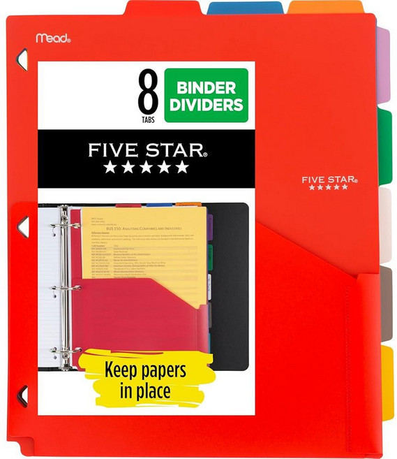 Five Star 8탭 바인더 포켓 디바이더 포켓이 있는 플라스틱 탭 디바이더 24.4 x 27.9cm9-3/4 x 11인치 3홀 펀치 8개 다양한 색상 201590, Five Star 8탭 바인더 포켓 디바이더, 포켓이