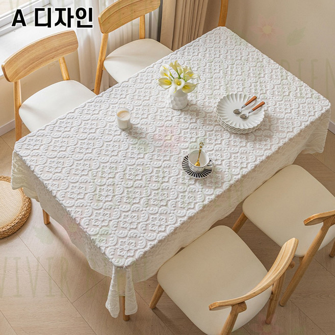 화이트 레이스 꽃무늬 패브릭 테이블보 대형 식탁보 4인용 6인용 테이블 식탁 커버, 130x180cm, A 디자인, 1개