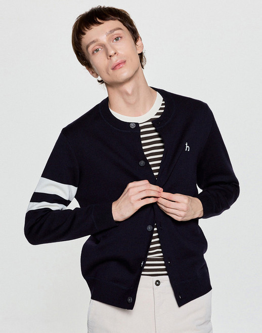 25FW 네이비 울혼방 소매 배색 라운드 가디건 HZSW5D200N2