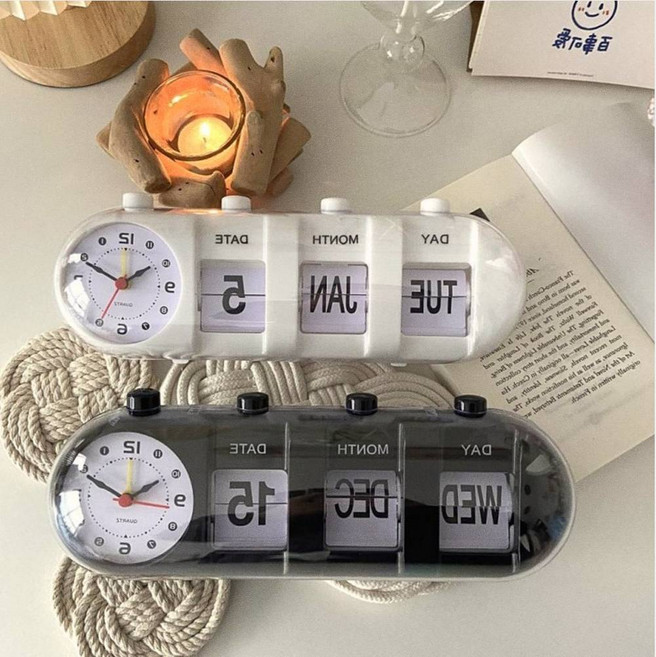 플립시계 만년달력 탁상시계 아날로그 시계 데스크 인테리어 소품 사무실 책상용 레트로, 화이트