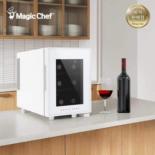 [공식판매] 매직쉐프 미니 와인냉장고 6병 와인셀러 화이트에디션 저소음 무진동 와인거치대 반도체 냉각, MEW-6DW