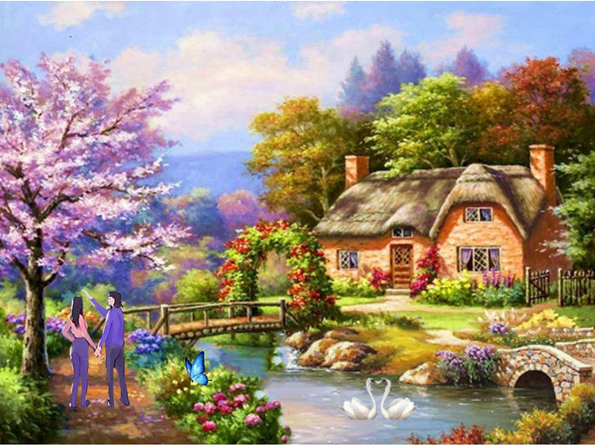 MJS 보석십자수 50x40cm (캔버스형) DIY 세트 MJ8, MJ52 벚꽃호수 정원, 1개