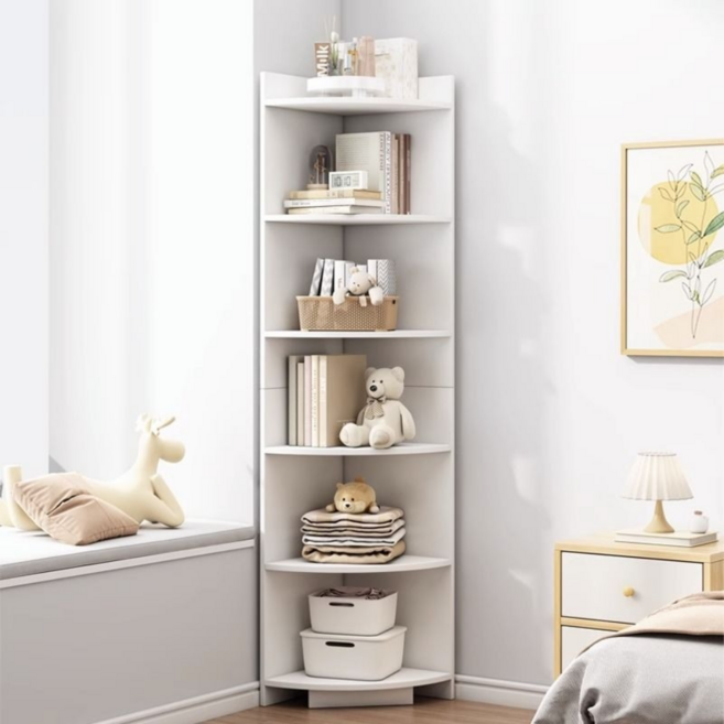 cocosily 삼각 코너 장식장 코너형 수납 선반 모서리 코너장, 화이트, 화이트, 6단