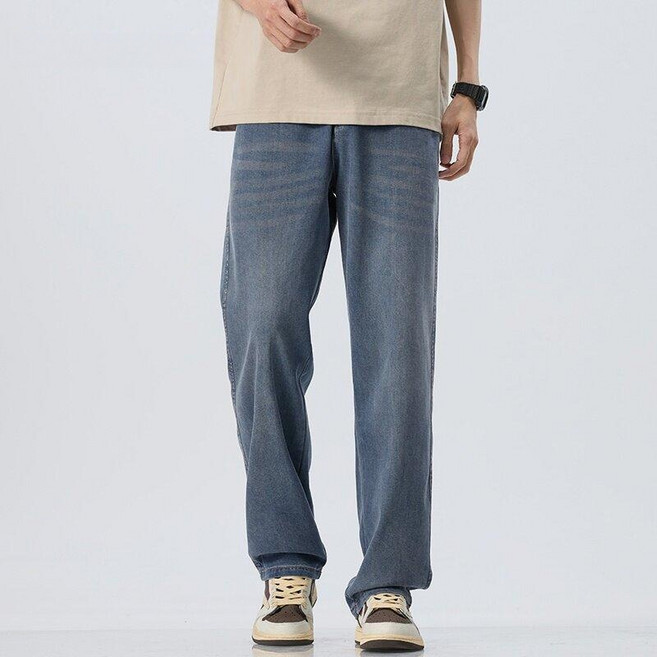 AILEYMPP 남성 여름 텐셀 데님 팬츠 워싱 스트레이트 청바지