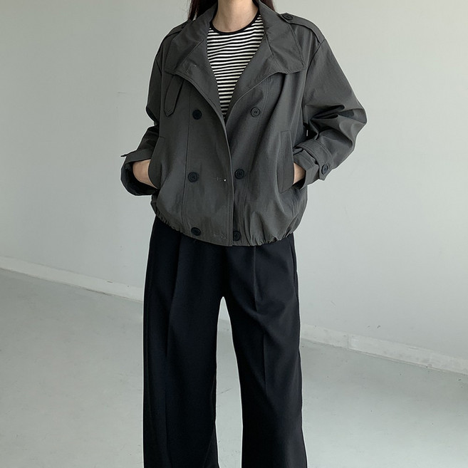 행복여 빌리브 더블 단추 버클 하이넥 트렌치 자켓