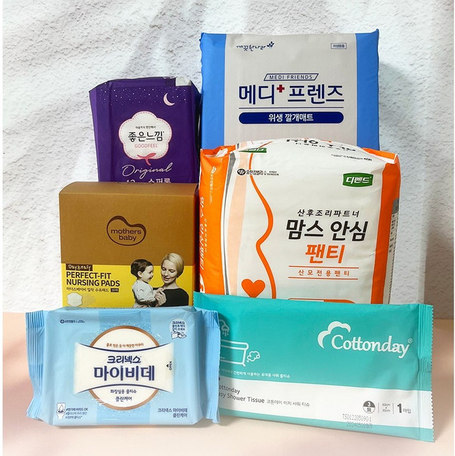 [출산가방 6종 패키지] 맘스안심팬티 깔개매트 수유패드 샤워티슈 마이비데 오버나이트 출산준비물 리스트, 1세트, 1세트