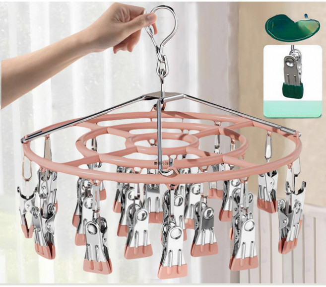 해피유통 빨래 건조대 양말 가정용 속옷 건조대 jhXG03, 360 회전 방풍 부식 끝, 살구색-24핀