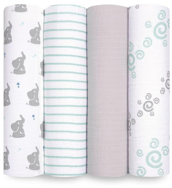 Aden + anais Essentials 면 모슬린 포대기 통기성 있는 아기 담요 남아 여아 신생아 아기 및 유아에게 이상적 속싸개 부드럽고 가벼운 랩 4팩, 베이비 스타 - 코끼리