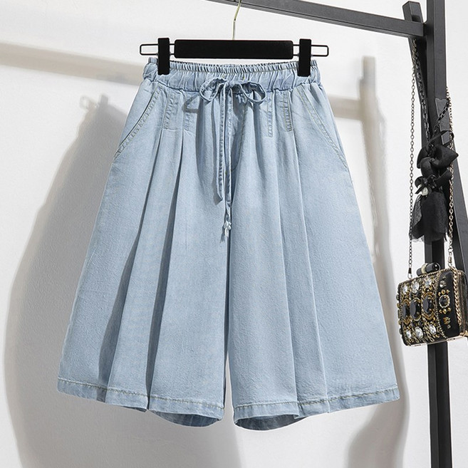 스타일아유 빅사이즈 셔링 밴딩 데님 숏팬츠 여성용 얇은 아이스 A라인 루즈핏 와이드 5부 텐셀 청반바지 HP0503