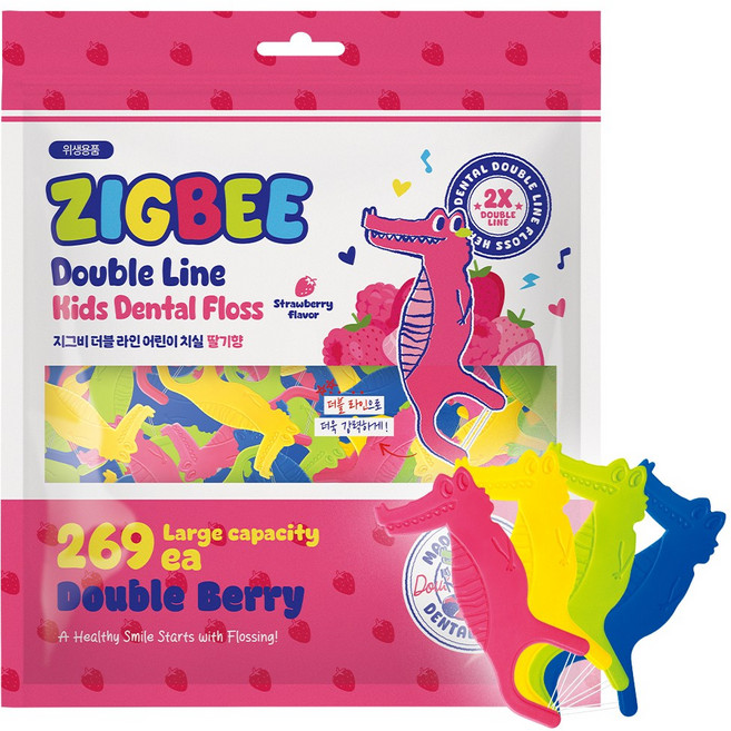 지그비 대용량 더블 라인 악어 캐릭터 어린이 치실 딸기향, 1세트, 269개입, 6.2cm